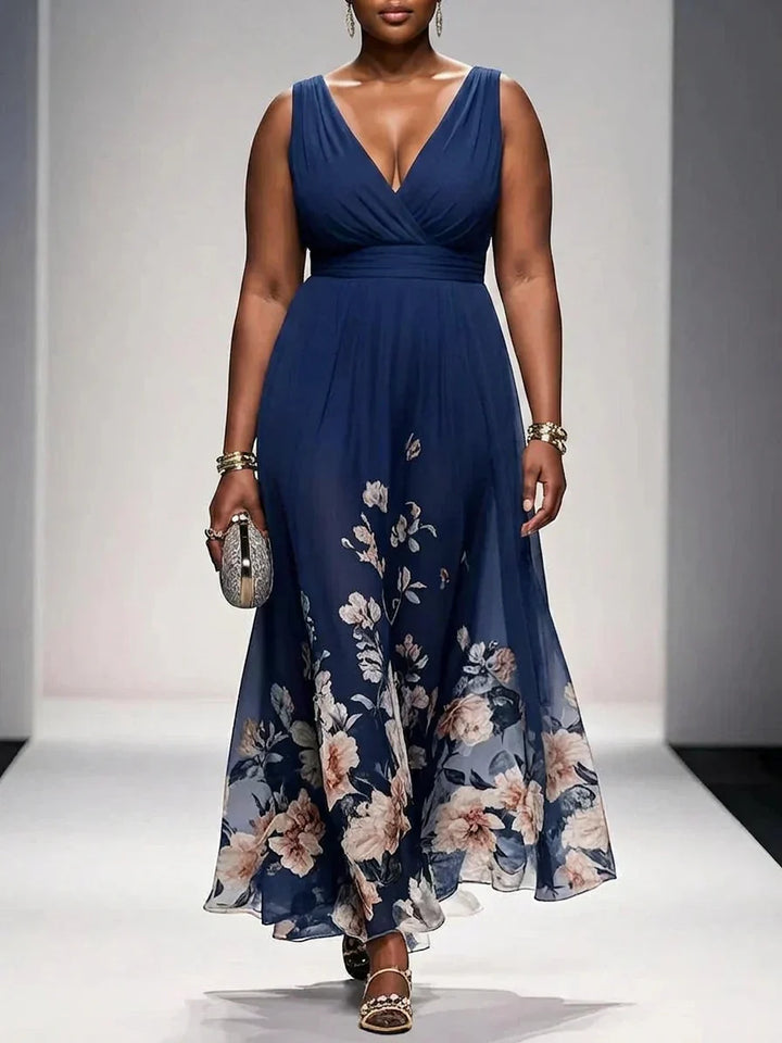 Rosa | Abito Lungo in Chiffon Floreale Azzurro con Scollo a V