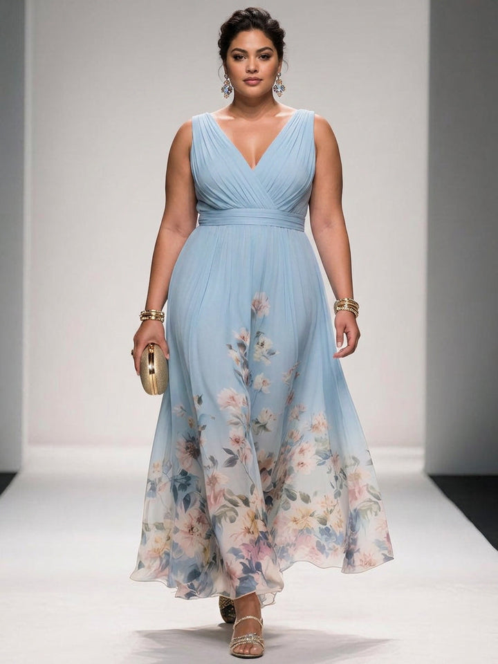 Rosa | Abito Lungo in Chiffon Floreale Azzurro con Scollo a V
