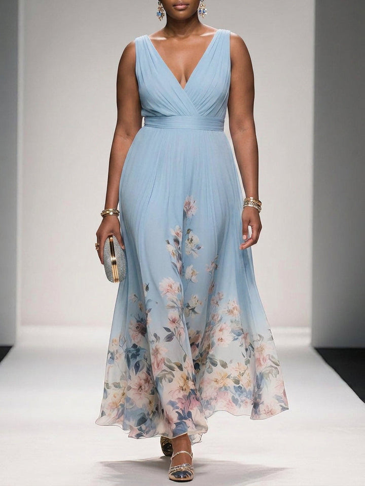 Rosa | Abito Lungo in Chiffon Floreale Azzurro con Scollo a V