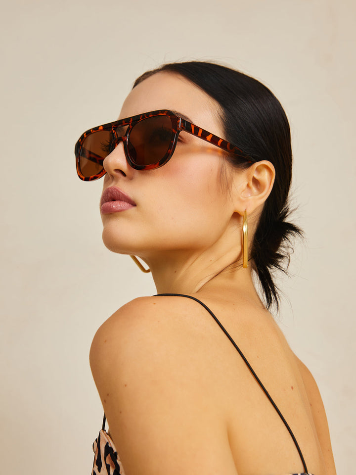 Occhiali da sole, montatura in acetato tartarugato marrone, aviator oversize, acetato, Donna