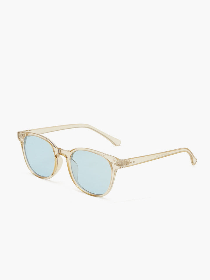 Occhiali da sole, montatura in acetato trasparente beige con lenti azzurro chiaro, acetato, Donna