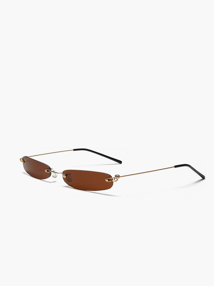Occhiali da sole, montatura marrone senza bordi, lenti rettangolari, metallo e plastica, Donna