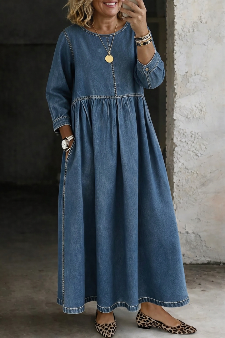 Melissa | Vestito in Denim a Maniche Lunghe Scollo Rotondo