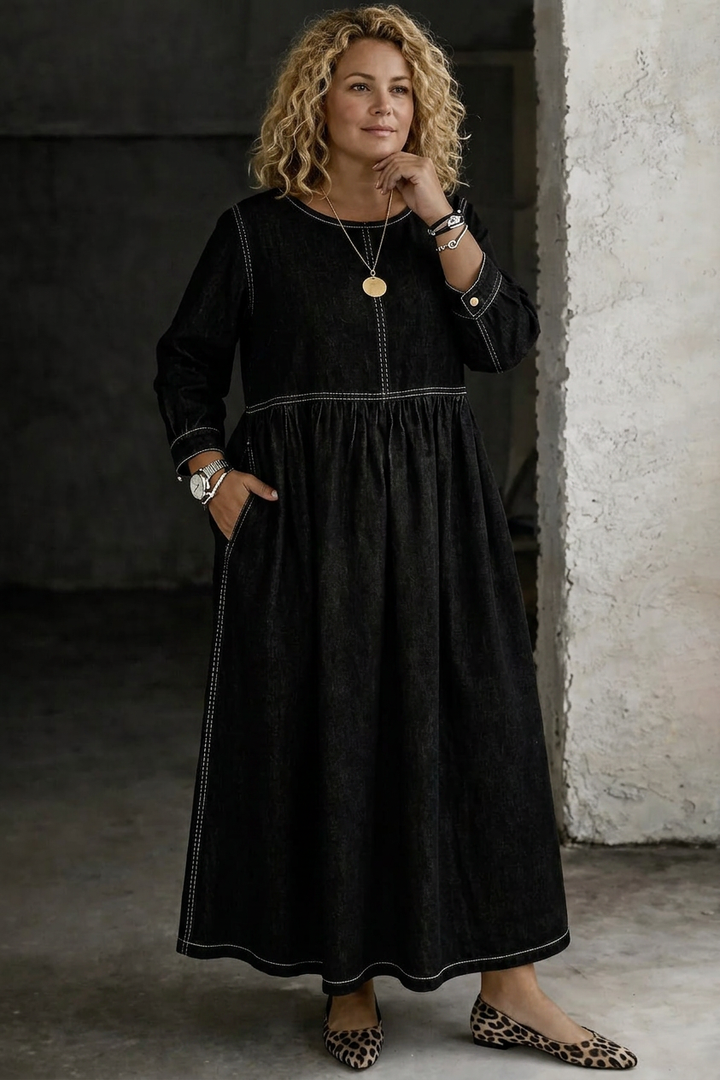 Melissa | Vestito in Denim a Maniche Lunghe Scollo Rotondo