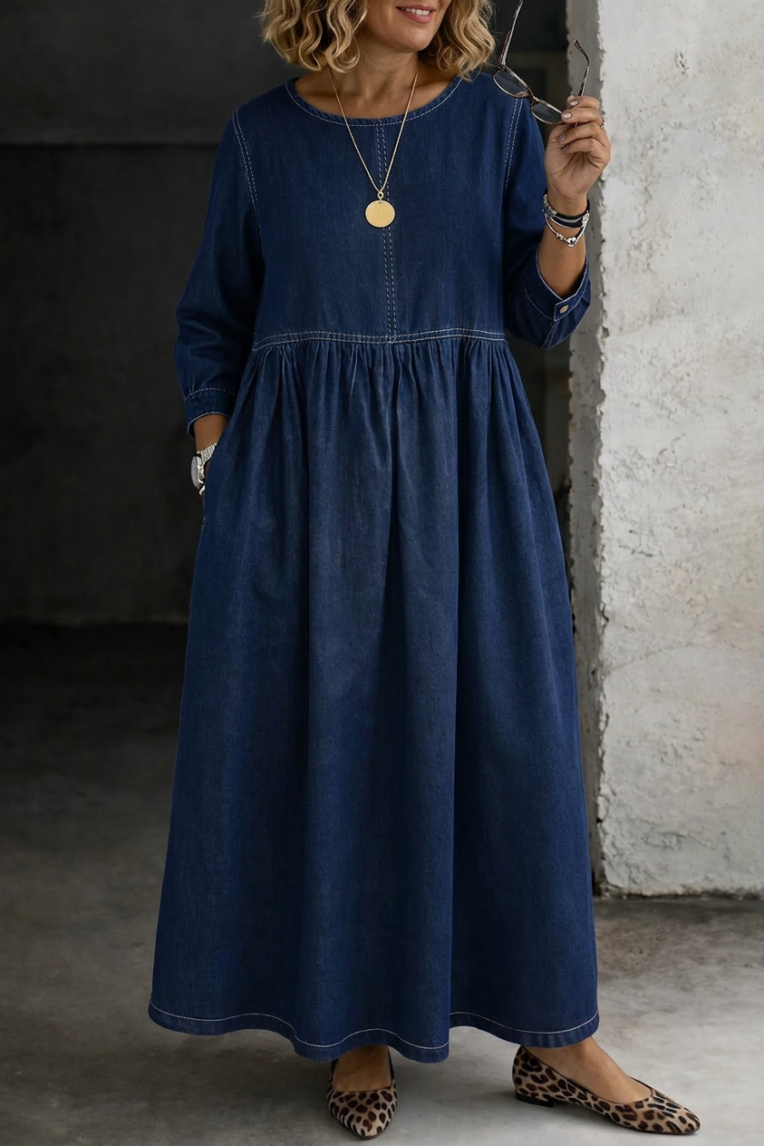 Melissa | Vestito in Denim a Maniche Lunghe Scollo Rotondo