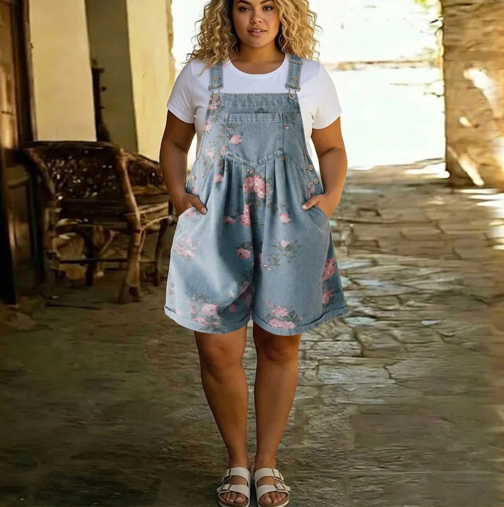 Judy | Tuta in Denim Lavato Vintage con Stampa Floreale e Sensazione di Cotone Morbido