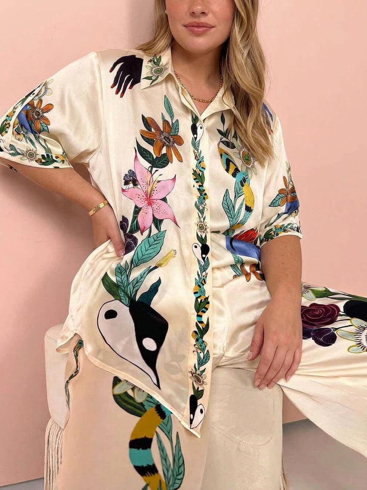 Nika | Set camicia e pantaloni in satin Resort Vibes con stampa unica
