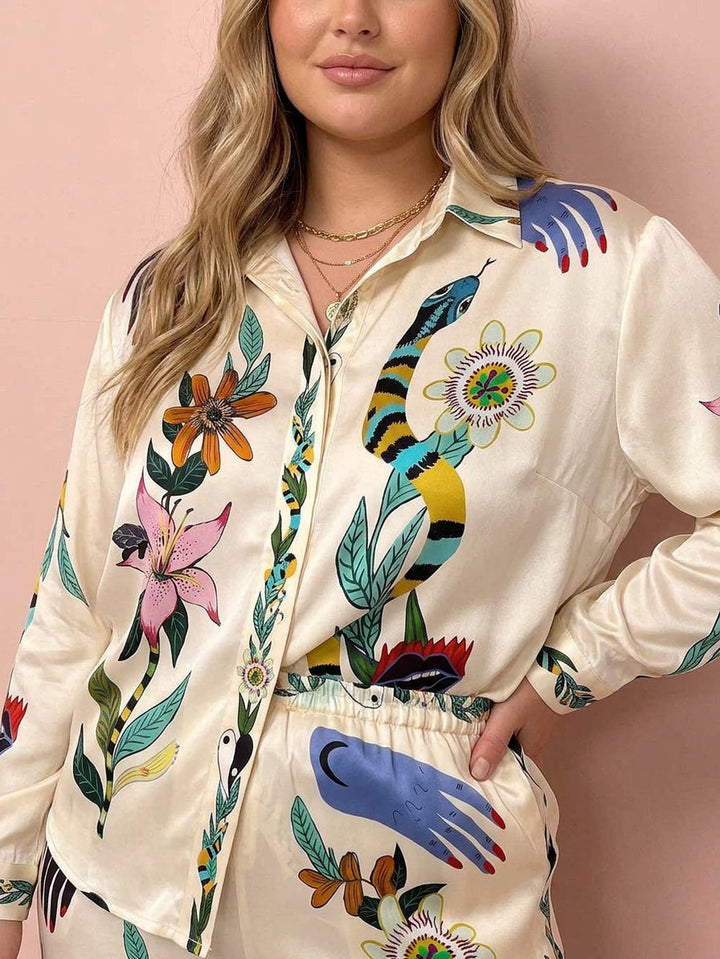 Nika | Set camicia e pantaloni in satin Resort Vibes con stampa unica