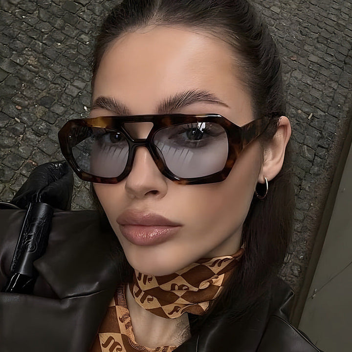 Occhiali da sole, montatura geometrica con doppio ponte, acetato, giallo/marrone, Donna