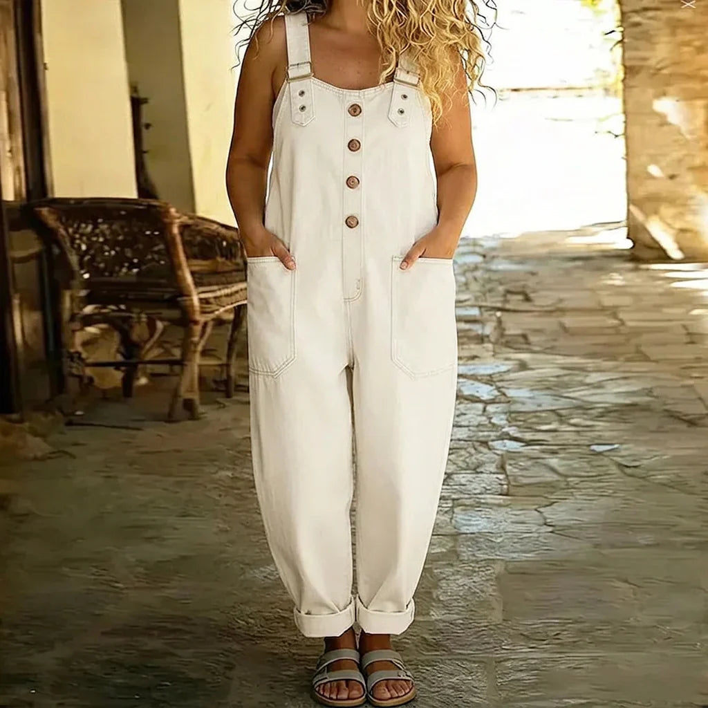 Mae | Salopette in Cotone Morbido con Aspetto Denim Vintage e Bretelle Regolabili