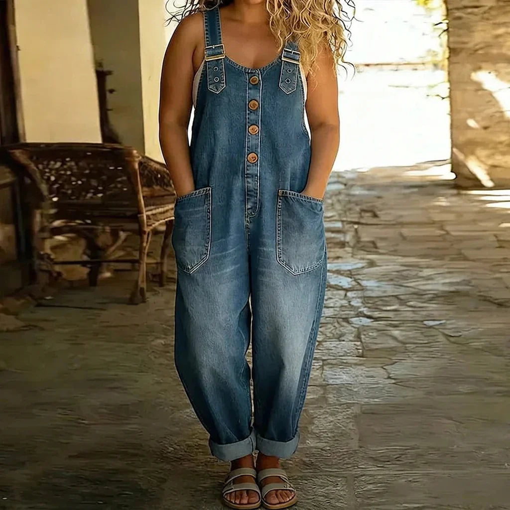 Mae | Salopette in Cotone Morbido con Aspetto Denim Vintage e Bretelle Regolabili