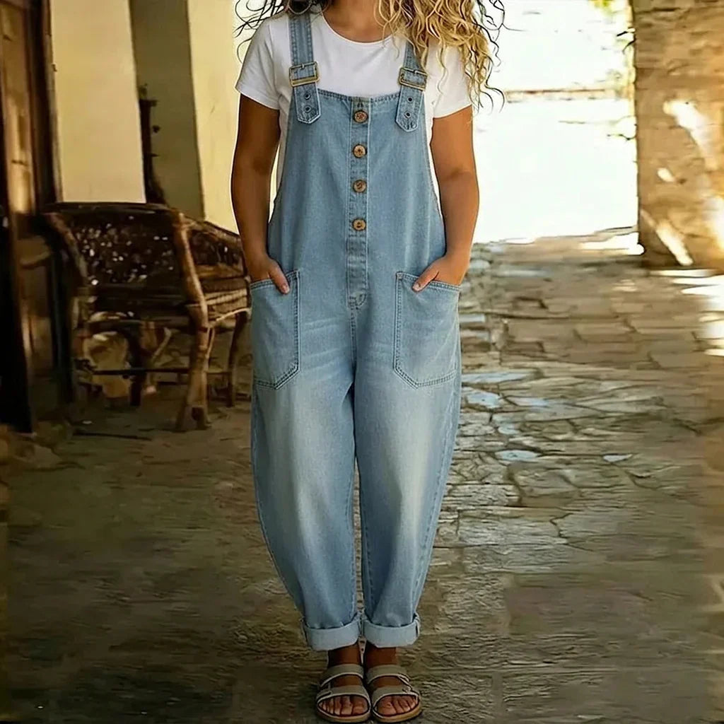 Mae | Salopette in Cotone Morbido con Aspetto Denim Vintage e Bretelle Regolabili