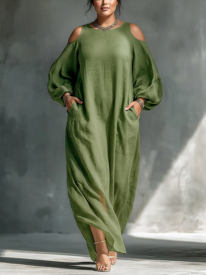 Anika | Abito Lungo Verde con Spalla Scoperta e Manica a Palloncino