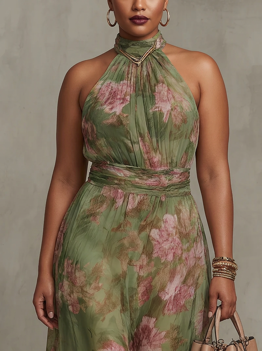 Lucia | Abito Lungo Halter in Chiffon Floreale Verde