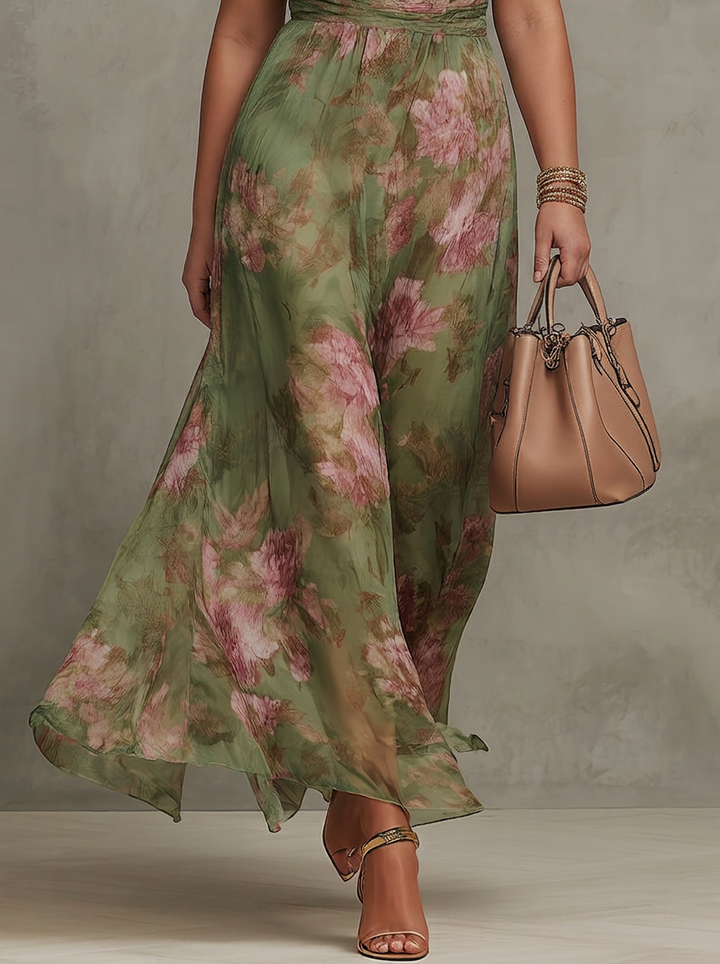 Lucia | Abito Lungo Halter in Chiffon Floreale Verde
