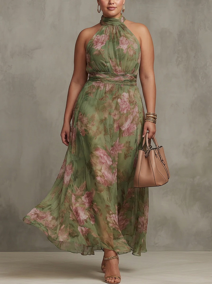 Lucia | Abito Lungo Halter in Chiffon Floreale Verde