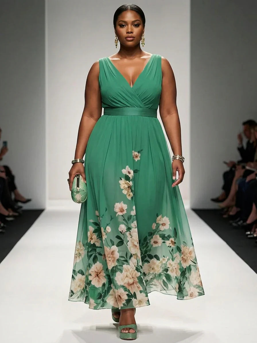 Rosa | Abito Lungo in Chiffon Floreale Azzurro con Scollo a V