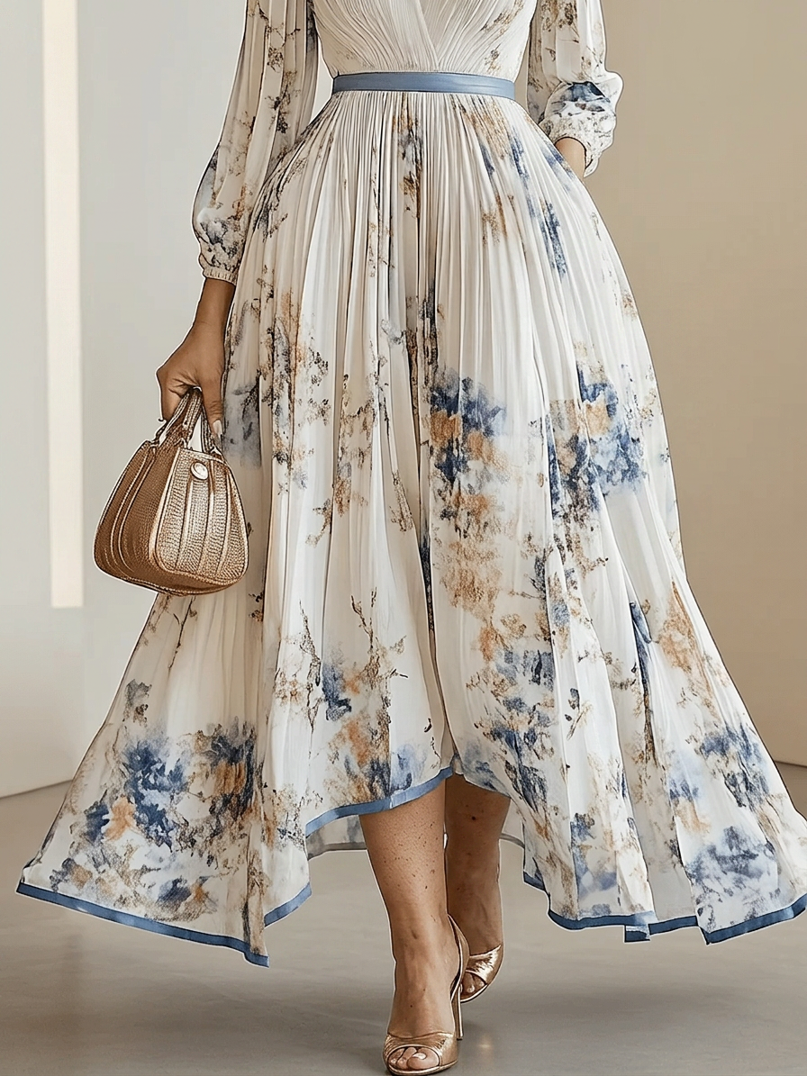 Amalia | Abito Maxi in Chiffon Floreale Bianco con Maniche a Palloncino