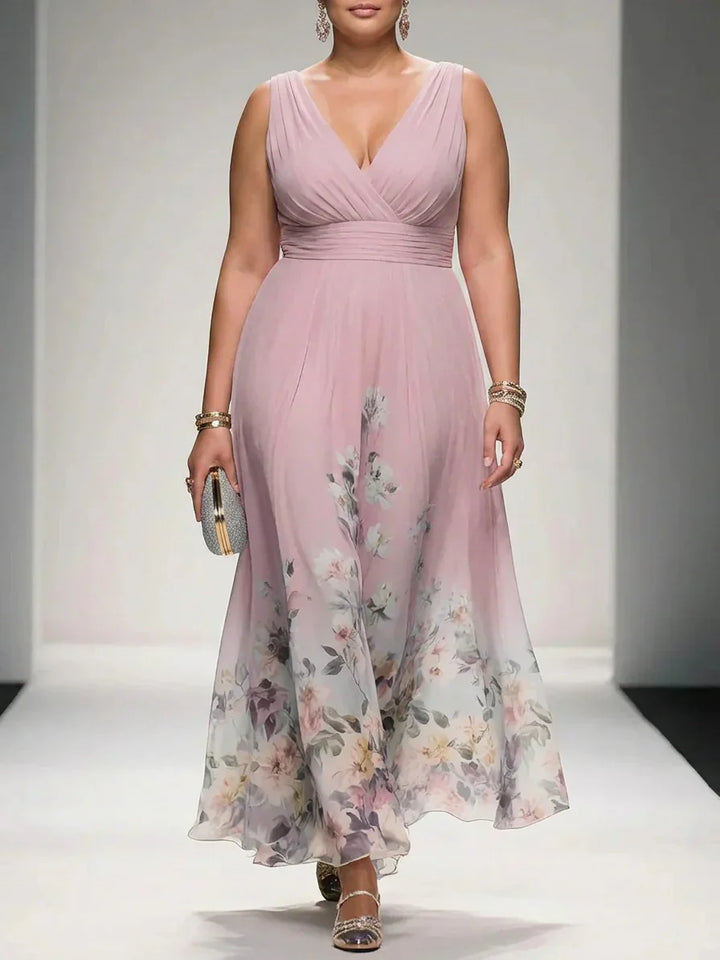 Rosa | Abito Lungo in Chiffon Floreale Azzurro con Scollo a V
