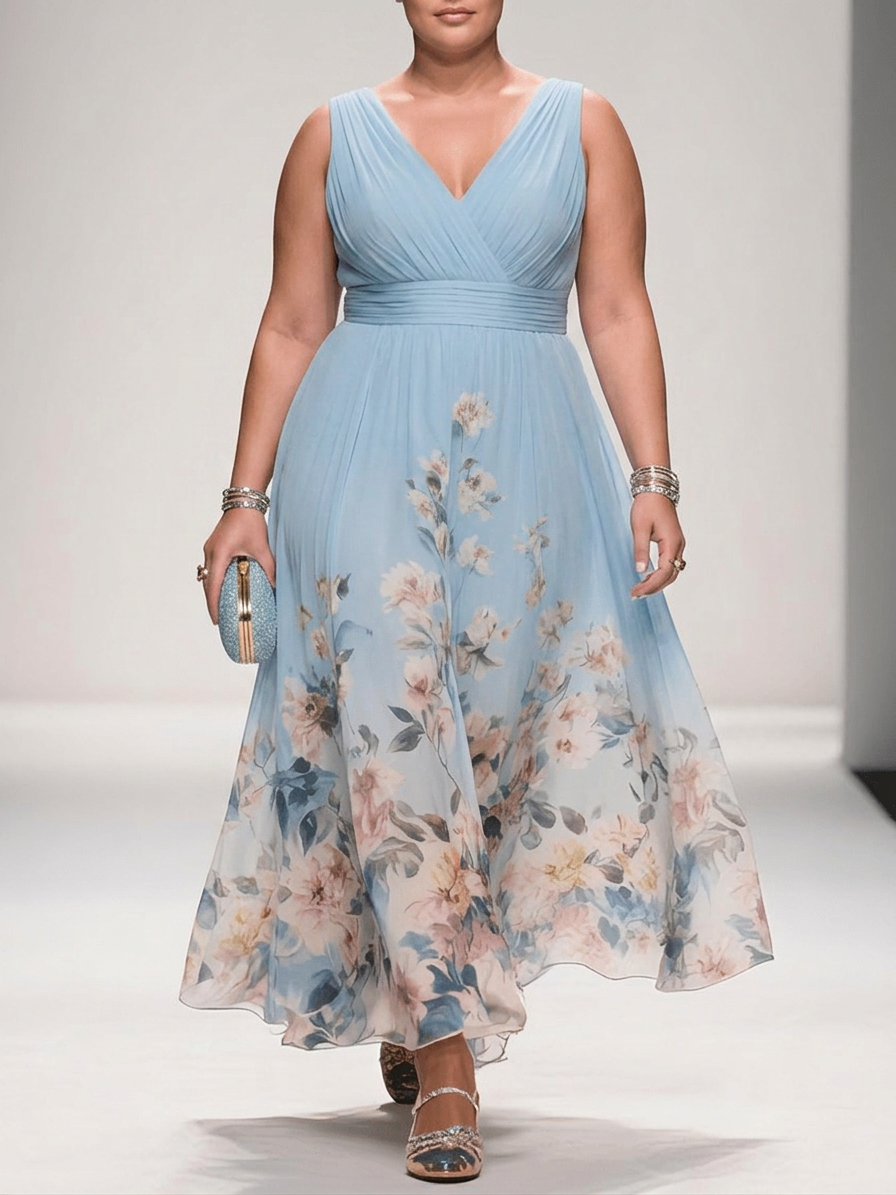 Rosa | Abito Lungo in Chiffon Floreale Azzurro con Scollo a V