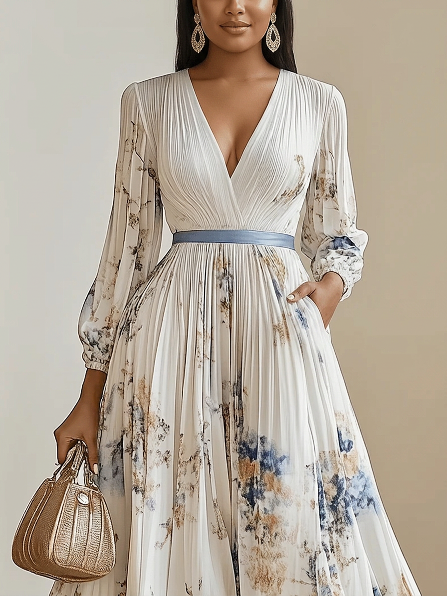Amalia | Abito Maxi in Chiffon Floreale Bianco con Maniche a Palloncino