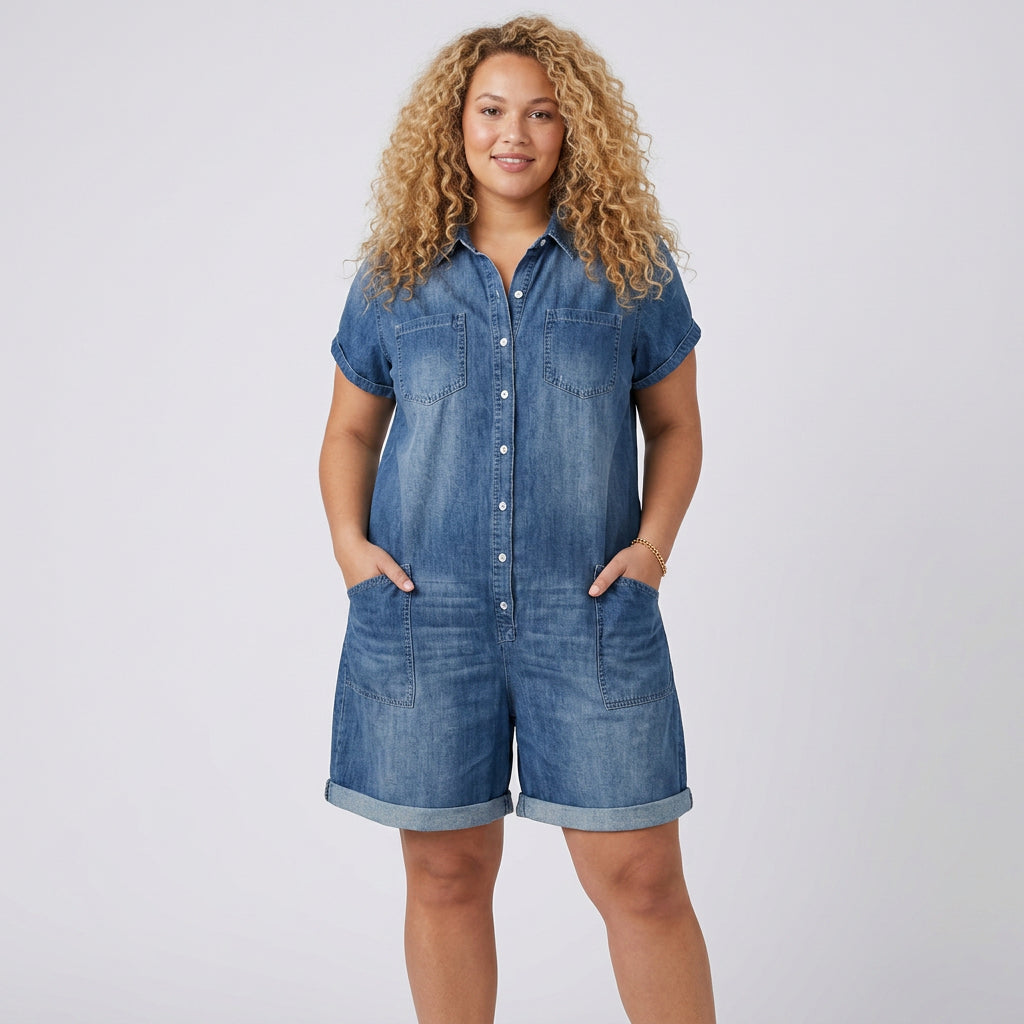 Joan | Salopette Corte Vintage in Denim Effetto Cotone