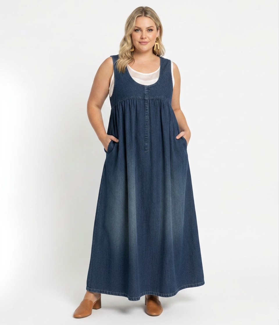 Karen | Vestito Lungo in Denim di Cotone Morbido Effetto Vintage Lavato