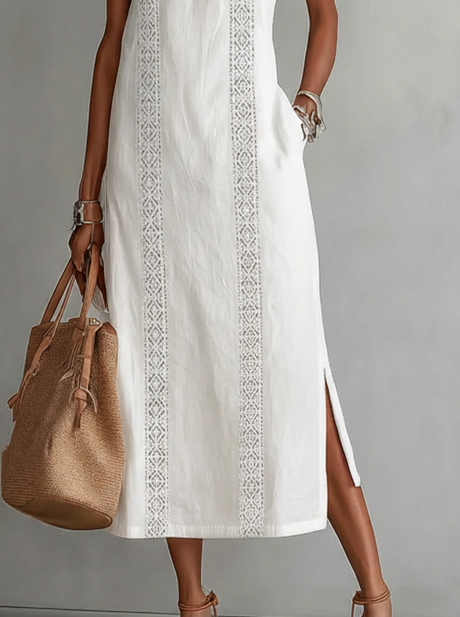 Celine | Abito Midi Senza Maniche con Dettagli in Pizzo